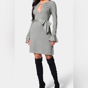bebe Gray Long Sleeve Dress with Ruffle Details